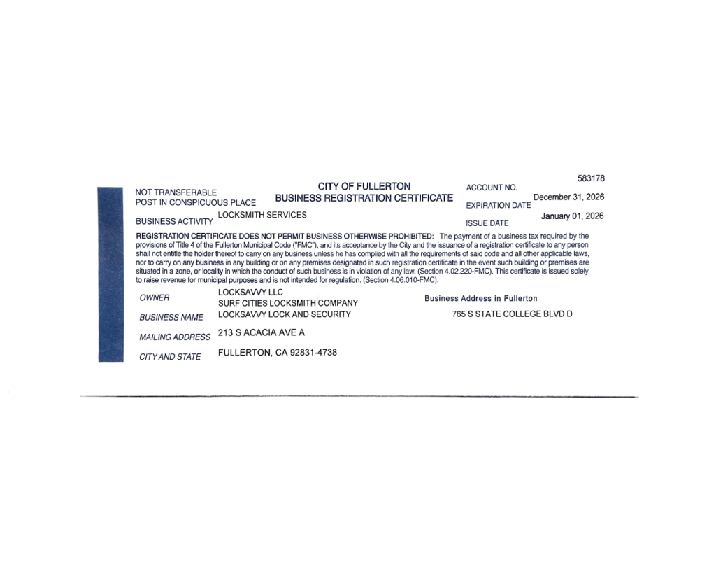 city of Fullerton business certificate